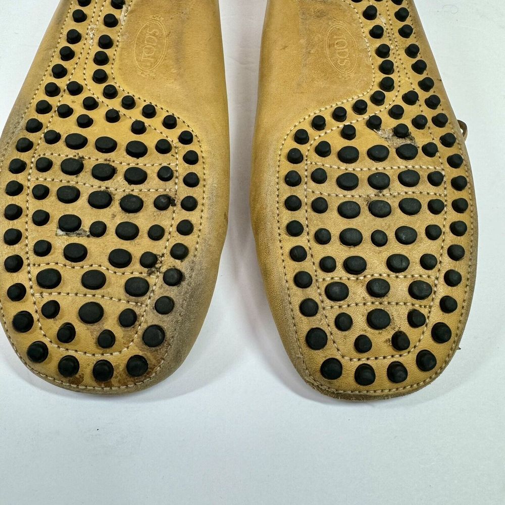 TOD's Tan 100% Leather Driving Flat Loafers with Rubber Pebble Soles Sz 35.5 - Picture 14 of 15